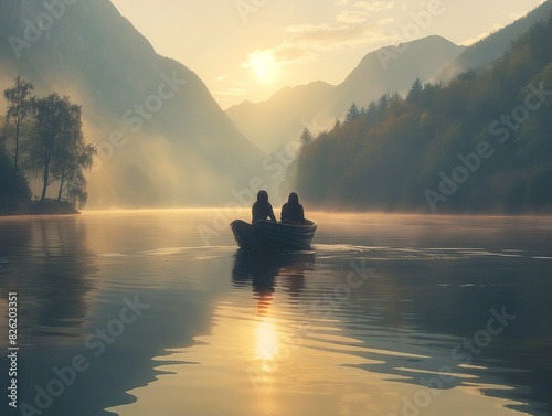 A couple is in a boat on a lake, with the sun setting in the background. The water is calm and the sky is orange