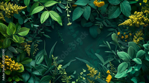 Abstract plant botanical modern background with copy space. Tropical green leaves and yellow flowers