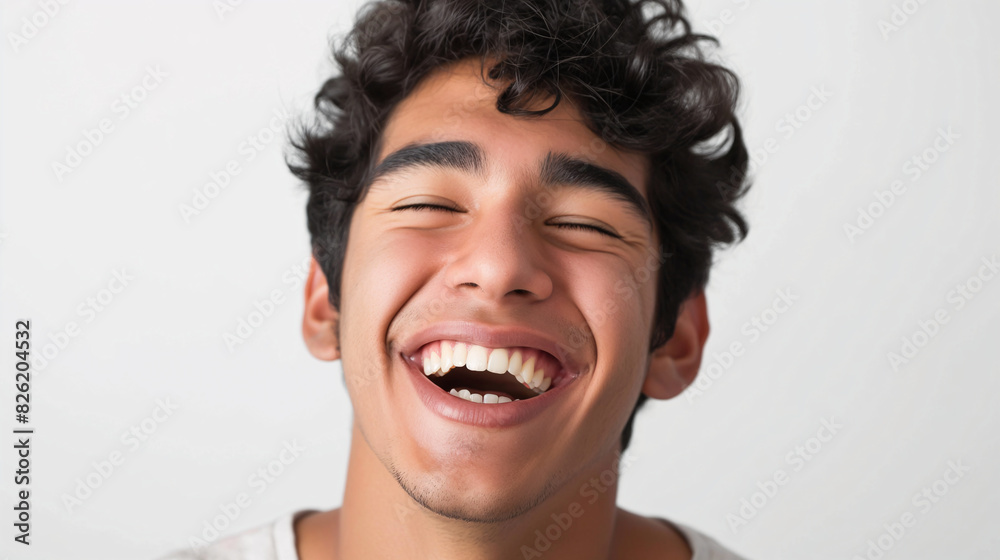 Close-up Portrait of a Young Man Smiling Brightly with a Joyful Expression, Wearing a Light Gray Shirt Indoors Close-up Portrait of a Young Man Smiling Brightly with a Joyful Expression, Wearing a Light Gray Shirt Indoors