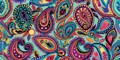 A vibrant paisley pattern featuring multicolored, intricately designed teardrop shapes in shades of red, green, blue, yellow, and pink against a dark blue background