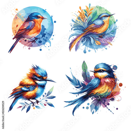 4 sets of watercolor of "Vibrant Wings: Watercolor Bird Icon"