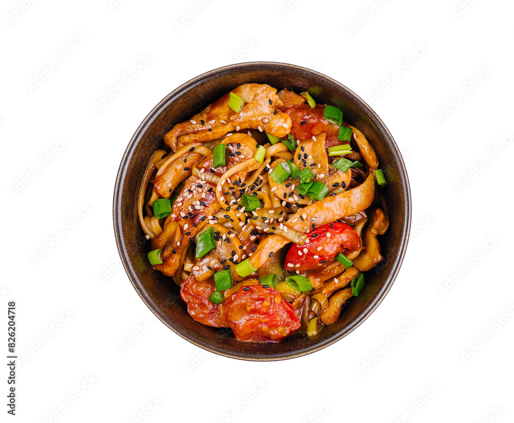 Delicious stir-fried chicken with vegetables in bowl