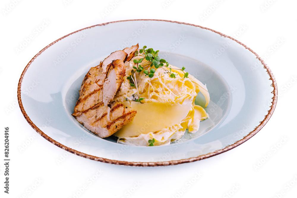 Elegant grilled chicken breast with cheese and cream sauce