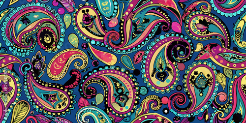 A vibrant paisley pattern featuring multicolored, intricately designed teardrop shapes in shades of red, green, blue, yellow, and pink against a dark blue background
