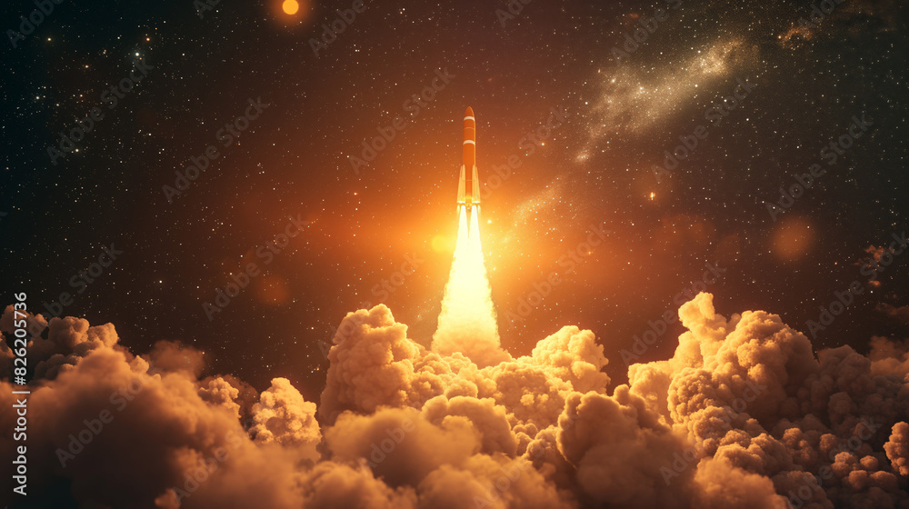 A space rocket launches with a dramatic fiery trail into a star-filled sky, concept of exploration A space rocket launches with a dramatic fiery trail into a star-filled sky, concept of exploration