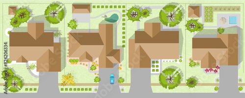 Top view of the city. Plan of town or village with houses, roof, park. Cityscape aerial landscape from above. Background town map Vector Landscape design plan. Highly detailed country map illustration