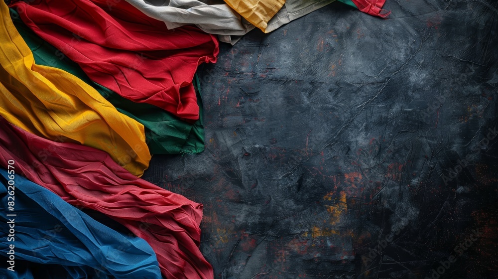 Fototapeta premium Colorful fabrics in various shades arranged on a dark background. Ideal for design, fashion, and textile projects. Vivid and vibrant colors.