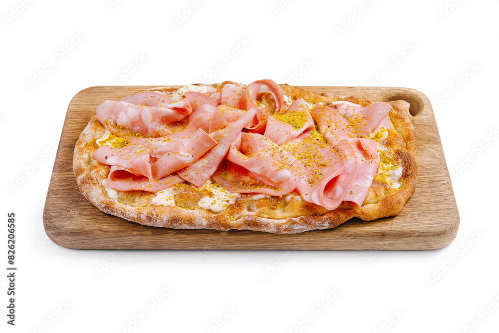 Fresh mortadella flatbread on wooden board Fresh mortadella flatbread on wooden board