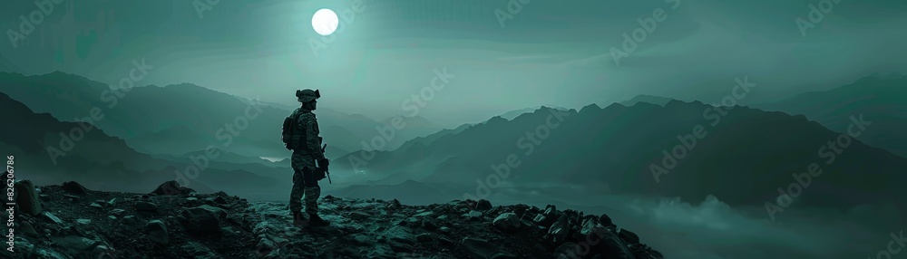 A solitary figure stands on a misty mountain ridge under the full moon, overlooking a serene, fog-covered landscape. A solitary figure stands on a misty mountain ridge under the full moon, overlooking a serene, fog-covered landscape.