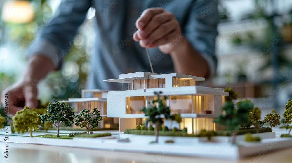 Architect working on modern architectural model, showcasing building design with greenery, indoors with focus on details and creativity.
