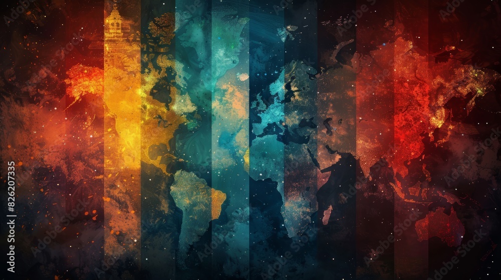 Fototapeta premium Colorful abstract world map with vibrant hues, blending design elements to create a unique and artistic representation of the world.