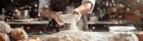 Chef sifts flour on a wooden table in a cozy kitchen, surrounded by bread and baking ingredients. A cloud of flour particles in the air. photo