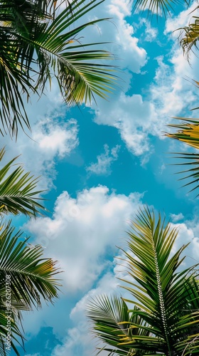 Palm sunday concept: Leaves frame of coconut branches with cloudy blue sky background