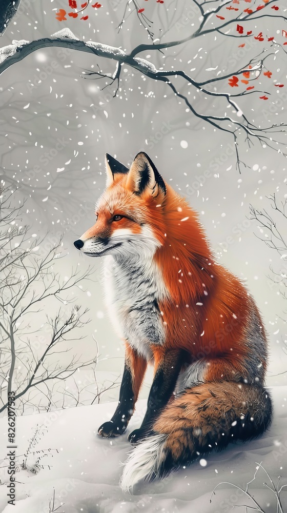 Fototapeta premium A kitsune fox sitting in the snow with bare branches in the background in a Japanese winter landscape