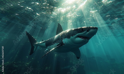 Large great white shark swimming underwater in ocean. © Viacheslav