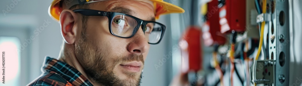 Close-up of an electrician working on a wiring panel, wearing safety glasses and a helmet, focused on his technical task. Close-up of an electrician working on a wiring panel, wearing safety glasses and a helmet, focused on his technical task.