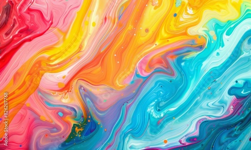 Abstract marbled acrylic paint ink painted waves painting texture colorful background banner - Bold colors, rainbow color swirls wave