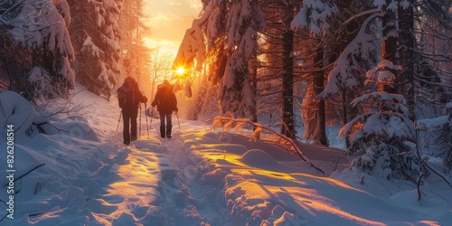 Hikers enjoying a sunset in the winter landscape of a snow covered forest