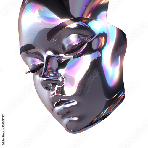 Futuristic chrome woman face isolated. Shiny gloss metal human head sculpture. Y2K holographic metal mask for music poster photo