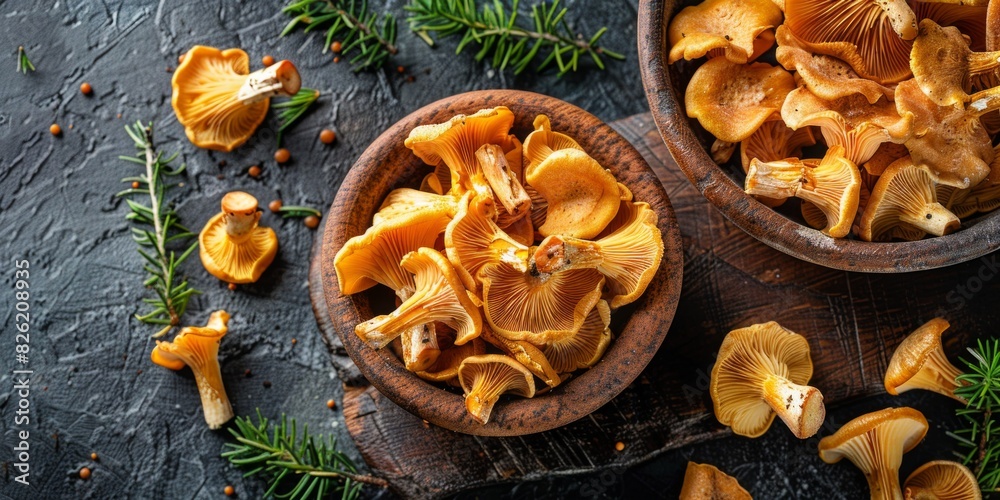 dried and fresh chanterelle on a rustic table next to each other dried and fresh chanterelle on a rustic table next to each other
