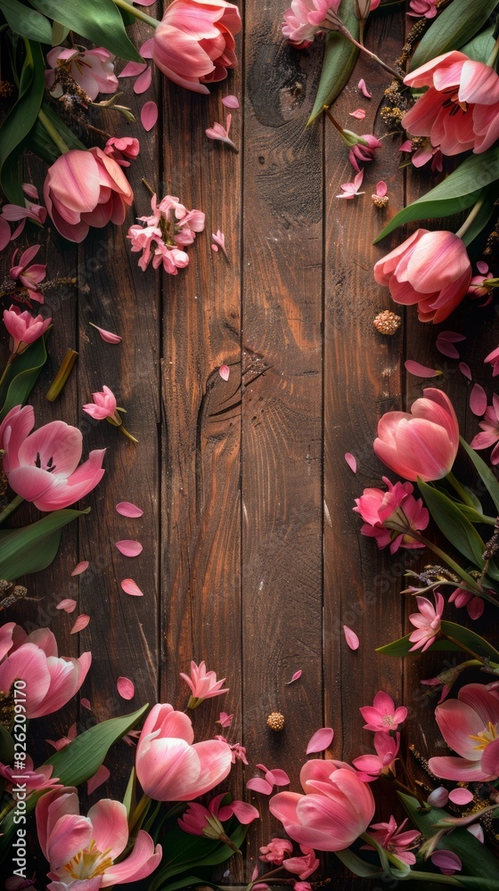 Spring flowers around blank frame on wooden background. Generative AI image