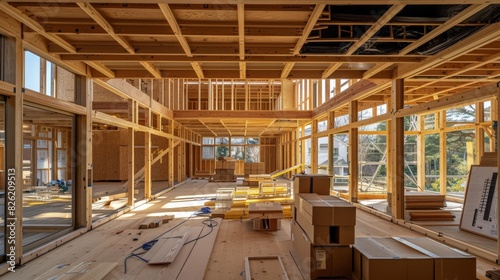 The photo shows the wooden frame of a house under construction.