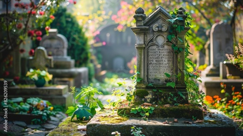 Tombstones in overgrown cemetery photo