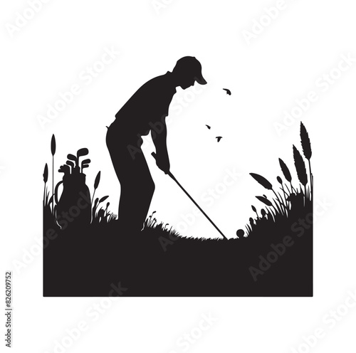 Golf player and icon silhouettes illustration set