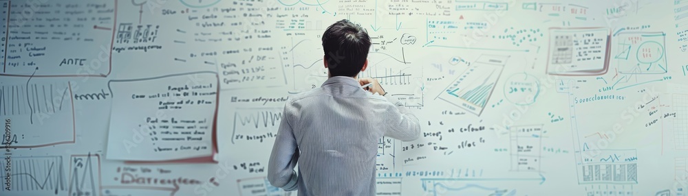 Man standing in front of a whiteboard filled with graphs and equations, symbolizing complex problem-solving and innovative thinking. Man standing in front of a whiteboard filled with graphs and equations, symbolizing complex problem-solving and innovative thinking.