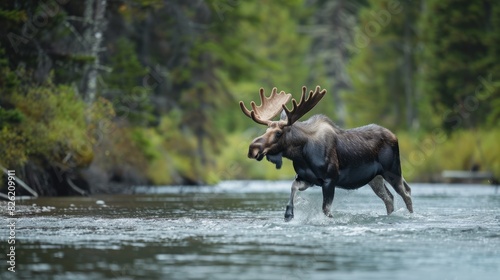 A moose crossing a stream.