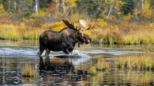 A moose wading through a marsh.