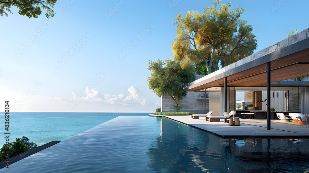 Fototapeta premium stunning 3D rendering of a modern house exterior with a backdrop of a serene sea and a clear blue sky