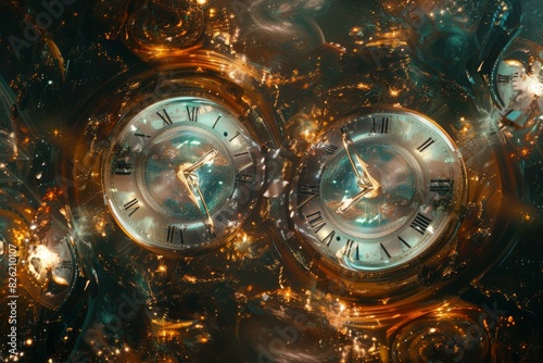 Surreal abstract time warp concept with distorted clocks and gears in a golden swirling fantasy travel background of mechanical illusion art and sparkling metallic vortex with endless temporal futuris