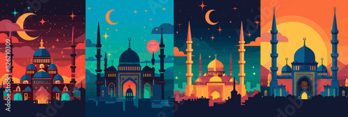 Vibrant collection of Ramadan Kareem greeting cards displays a unique and colorful illustration of Islamic architecture with minarets and crescent moons. photo