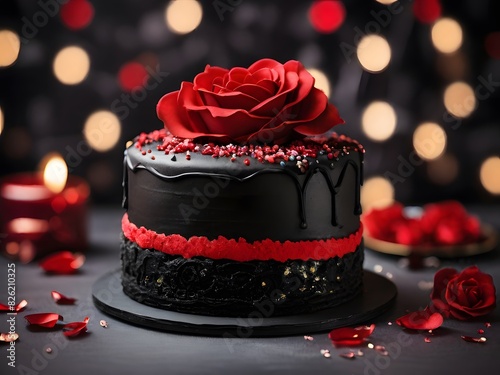 a black cake with a red rose on the top