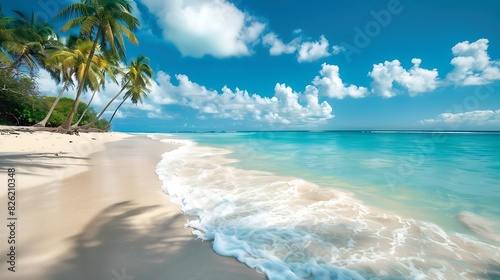 Tranquil Beach Scene, A deserted beach with calm turquoise water, white sand, and palm trees swaying in the breeze © mohammed