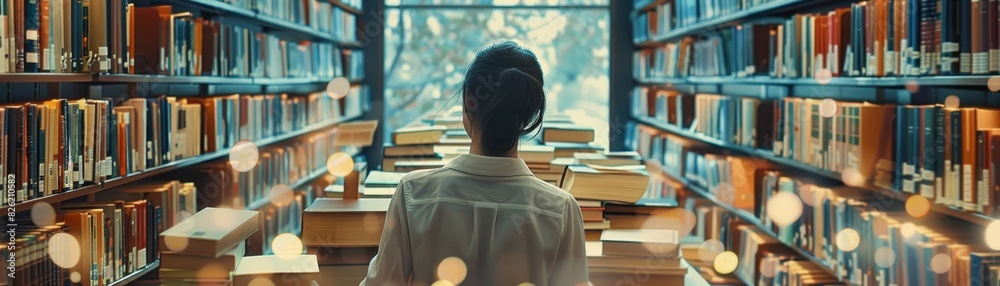Person standing in a well-lit library aisle surrounded by shelves filled with books, embracing knowledge and wisdom. Person standing in a well-lit library aisle surrounded by shelves filled with books, embracing knowledge and wisdom.