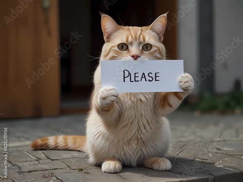 Cat with text please holding photo