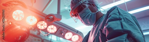 Surgeon in operating room, illuminated by surgical lights, performing a procedure with concentration and precision. photo