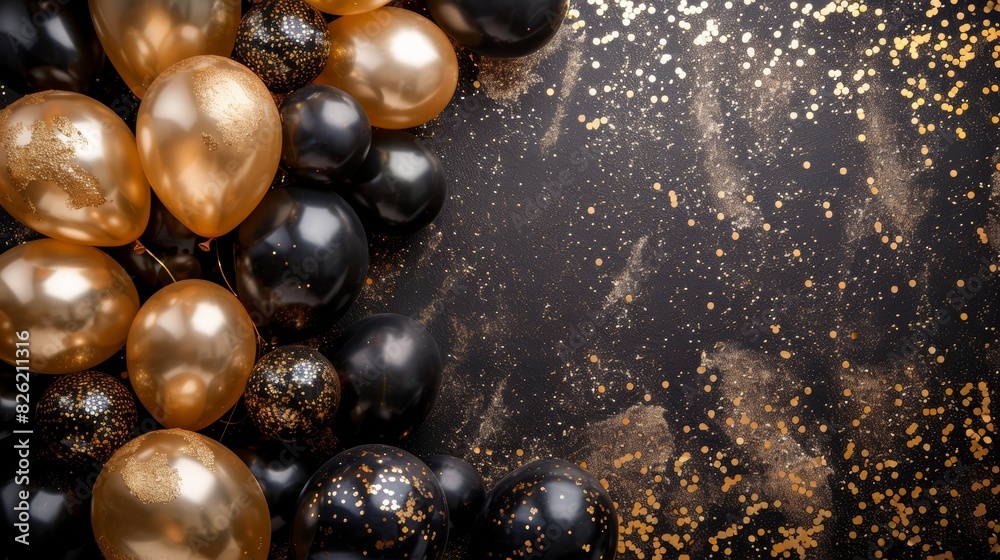 Elegant black and gold balloons on a glittery, festive background, perfect for celebrations, parties, and special events. Elegant black and gold balloons on a glittery, festive background, perfect for celebrations, parties, and special events.