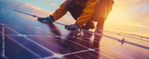Worker installing solar panels on rooftop at sunset, symbolizing renewable energy and sustainability.