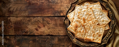 Metal plate with matzah or matza and Passover Haggadah on a vintage wood background presented as a Passover seder feast or meal with copy space. Translation: Passover Haggadah photo