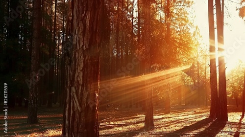   The sun shines through treeless forest photo