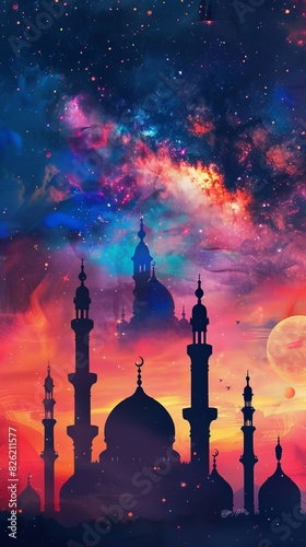 mosque silhouettes and gradient galaxy background for ramadan