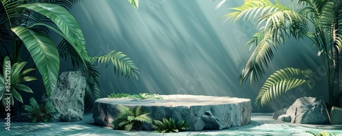Wallpaper Mural Green Product background with stone plinth and Tropical Leaves. Generative AI. Torontodigital.ca