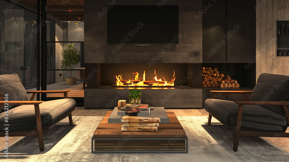Modern minimalist fireside lounge, sleek fireplace with a minimalist design, comfortable low-profile armchairs facing the fire, minimalist coffee table with a stack of firewood, mounted TV positioned Modern minimalist fireside lounge, sleek fireplace with a minimalist design, comfortable low-profile armchairs facing the fire, minimalist coffee table with a stack of firewood, mounted TV positioned