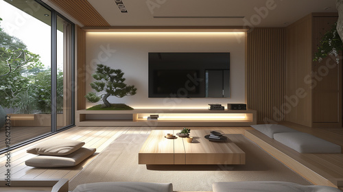  Modern minimalist Japanese-inspired TV lounge, light wood flooring and furniture, tatami mat on the floor for occasional seating, minimalist coffee table with a bonsai tree, mounted TV with a floatin photo