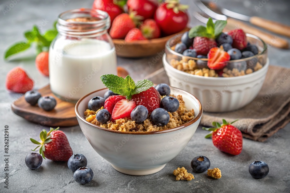A bowl with homemade yogurt, muesli, berries and nuts. Healthy and delicious breakfast. Good morning to the day. A bowl with homemade yogurt, muesli, berries and nuts. Healthy and delicious breakfast. Good morning to the day.