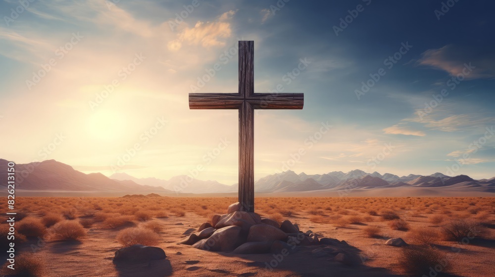 Faith in the wilderness depicted by a cross standing in a vast desert under a bright sky, symbolizing spiritual resilience and hope amidst desolation