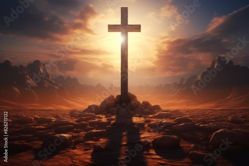 Spiritual desert scene illustrated with an artistic portrayal of a cross in a sunlit desert, merging with the landscape to convey themes of faith and endurance photo